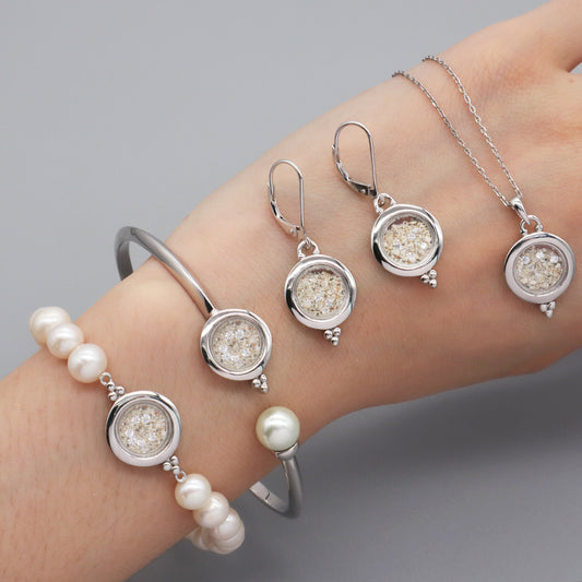 Wholesale Good Quality Fashion Manufacture China Factory Custom Women Fresh Water Pearl Bracelet Necklace Earrings CZ Round Glass Mirror Rhodium Plated 925 Sterling Silver Jewelry Set