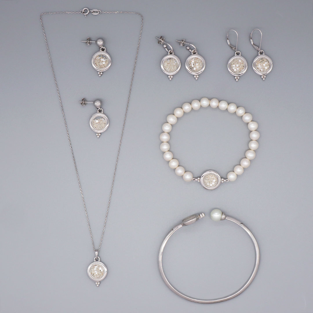 Wholesale Good Quality Fashion Manufacture China Factory Custom Women Fresh Water Pearl Bracelet Necklace Earrings CZ Round Glass Mirror Rhodium Plated 925 Sterling Silver Jewelry Set