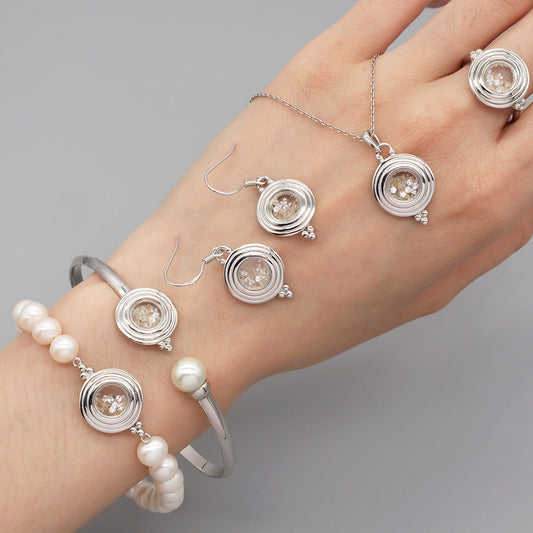 High Quality Wholesale Fashion Manufacture China Factory Custom Women Fresh Water Pearl CZ Round Glass Mirror Rhodium Plated 925 Sterling Silver Bracelet Necklace Earrings Rings Jewelry Set