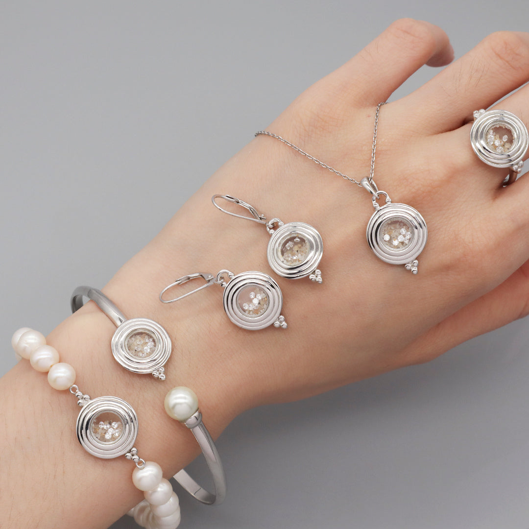 High Quality Wholesale Fashion Manufacture China Factory Custom Women Fresh Water Pearl CZ Round Glass Mirror Rhodium Plated 925 Sterling Silver Bracelet Necklace Earrings Rings Jewelry Set