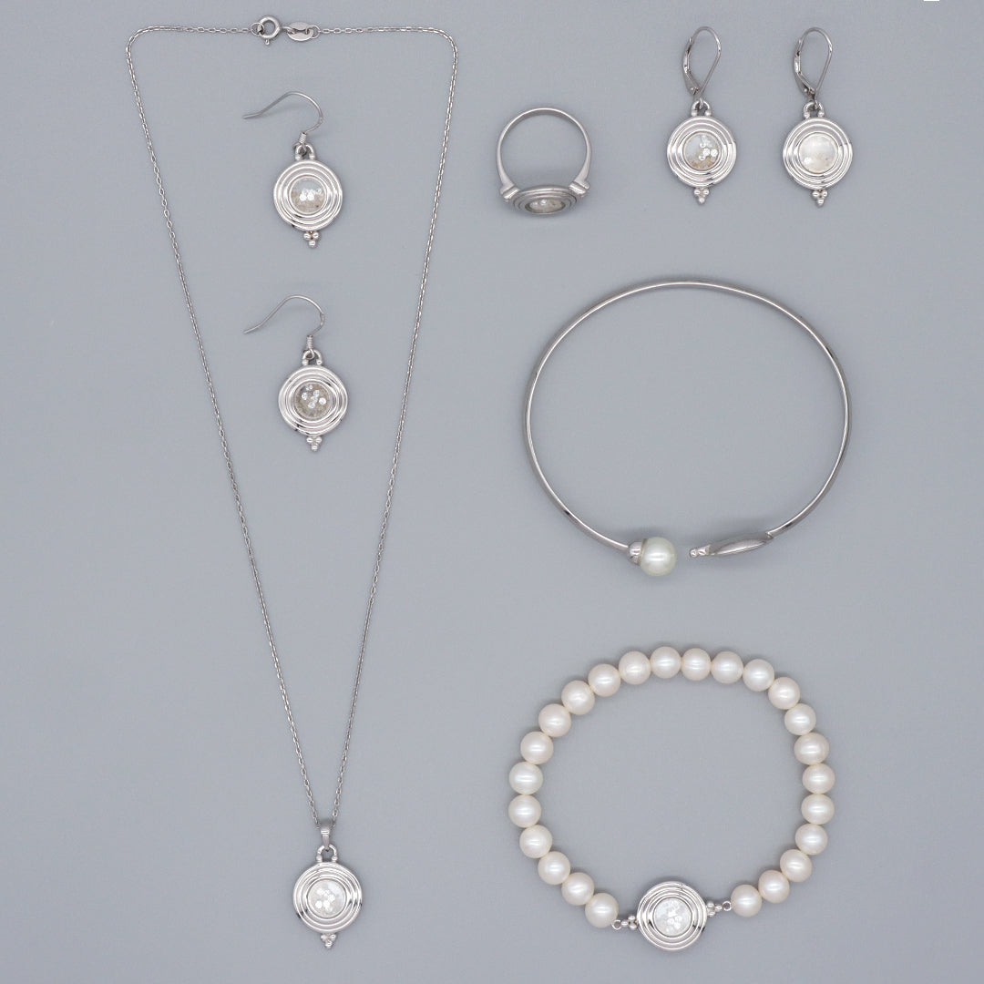 High Quality Wholesale Fashion Manufacture China Factory Custom Women Fresh Water Pearl CZ Round Glass Mirror Rhodium Plated 925 Sterling Silver Bracelet Necklace Earrings Rings Jewelry Set