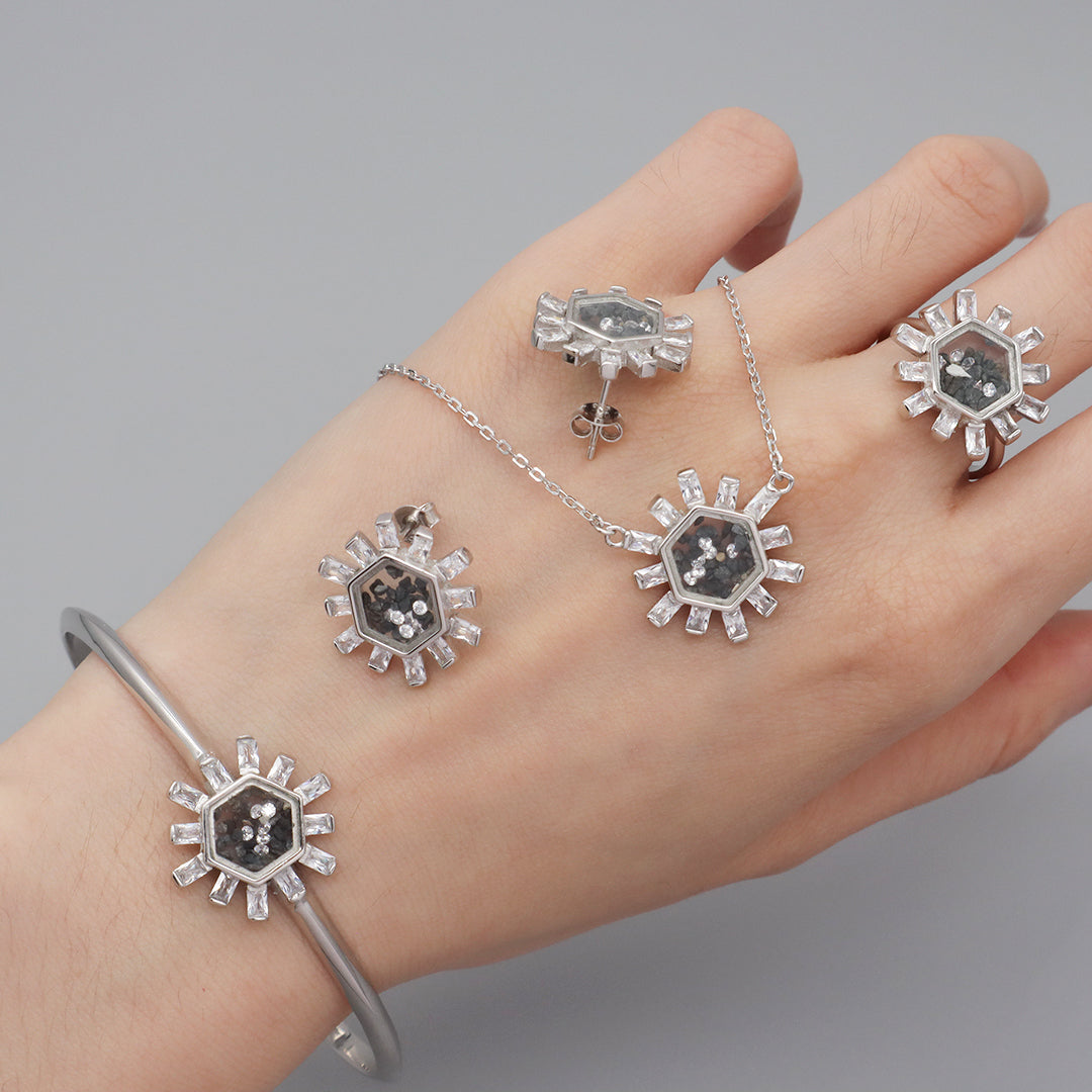 Manufacture Wholesale Good Quality Fashion China Factory Custom Women CZ Round Glass Mirror Rhodium Plated 925 Sterling Silver Bracelet Necklace Earrings Stud Rings Jewelry Set