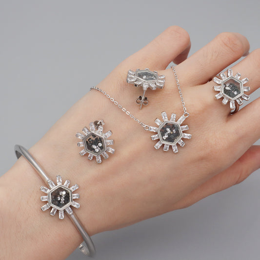 Manufacture Wholesale Good Quality Fashion China Factory Custom Women CZ Round Glass Mirror Rhodium Plated 925 Sterling Silver Bracelet Necklace Earrings Stud Rings Jewelry Set