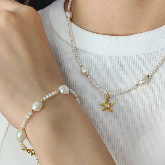Handmade Wholesale Custom Women Shell Conch SeaStar Pendant Necklace Gold Plated Freshwater Pearl Beads Bracelet Jewelry Set