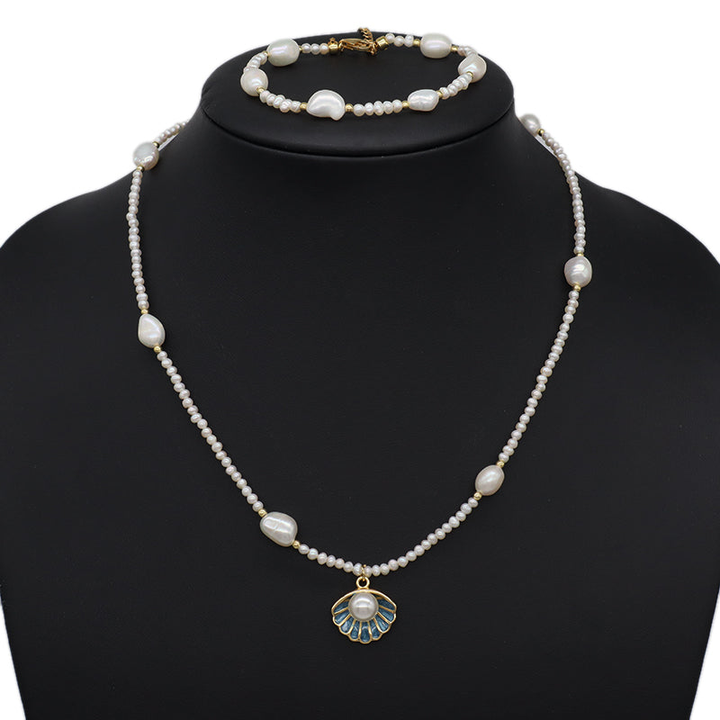Handmade Wholesale Custom Women Shell Conch SeaStar Pendant Necklace Gold Plated Freshwater Pearl Beads Bracelet Jewelry Set